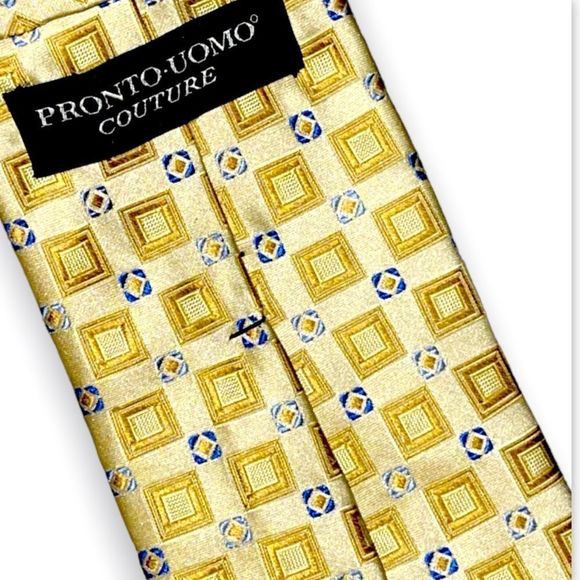 🇺🇸 Pronto Uomo Couture silk tie in yellow gold with light blue design accents - Picture 3 of 4